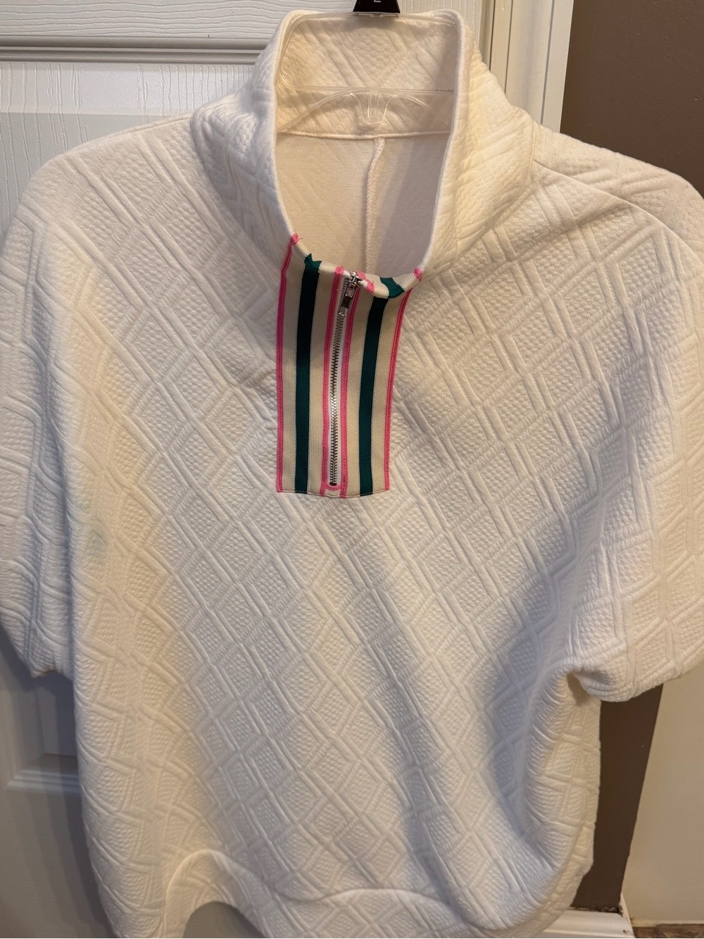 White Textured Quarter-Zip Pullover with Pink & Green Stripe Trim